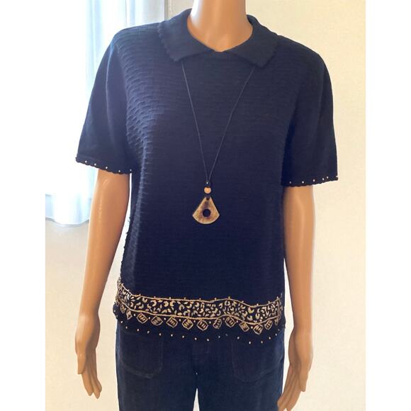 Alfred Dunner black collared sweater short sleeves, embroidered bottom sz PL - Picture 1 of 7